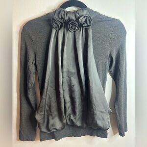 URTHEONE size S long sleeve gray  blouse with silk front and flower accent